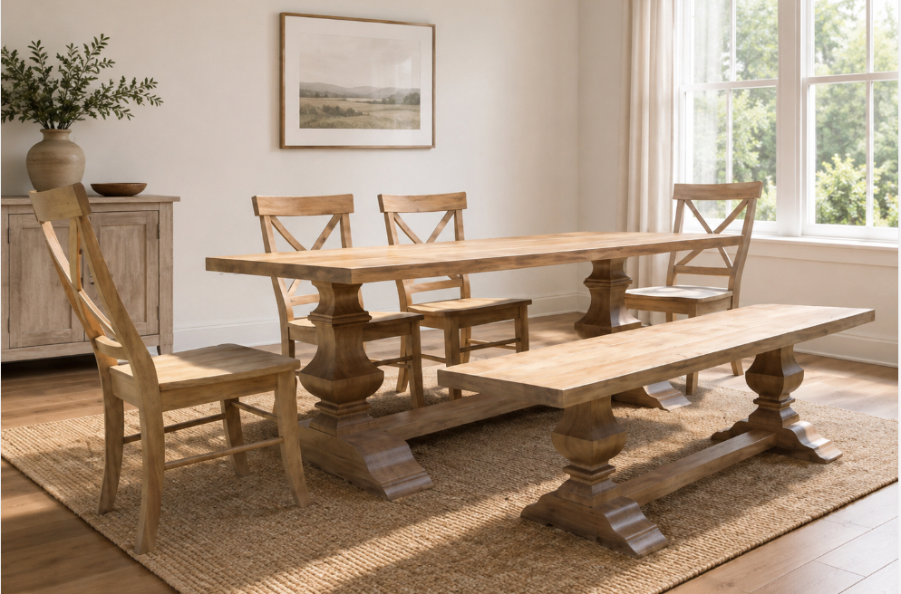 Handcrafted hardwood dining table and bench in a warm dining room